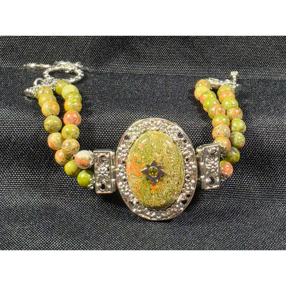 Unakite Jasper Double Strand Bead Bracelet Silver Tone Oval Cabochon Toggle Clsp